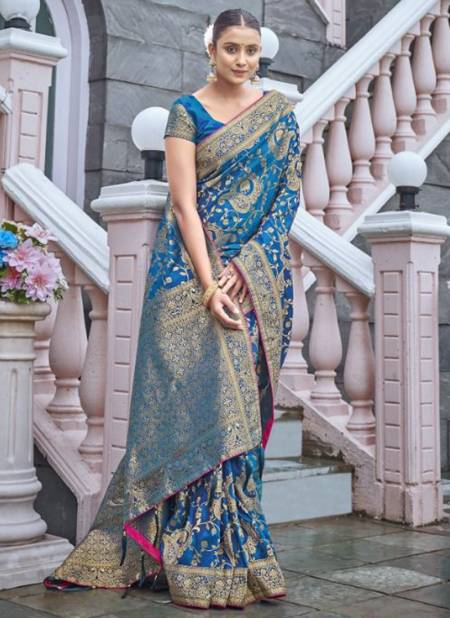 Blue Colour Mahaniya Monjolika New Latest Designer Festive Wear Banarasi Silk Saree Collection 5102